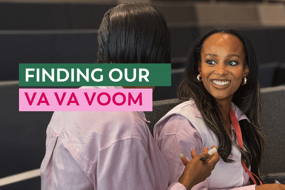 Two people looking at each other and banner saying "Finding our va va voom"